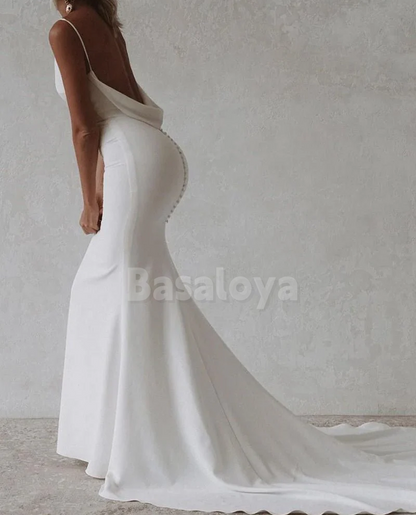 WD0063 Simple White V-Neck Mermaid Long Wedding Dress with Train Bridal Gown