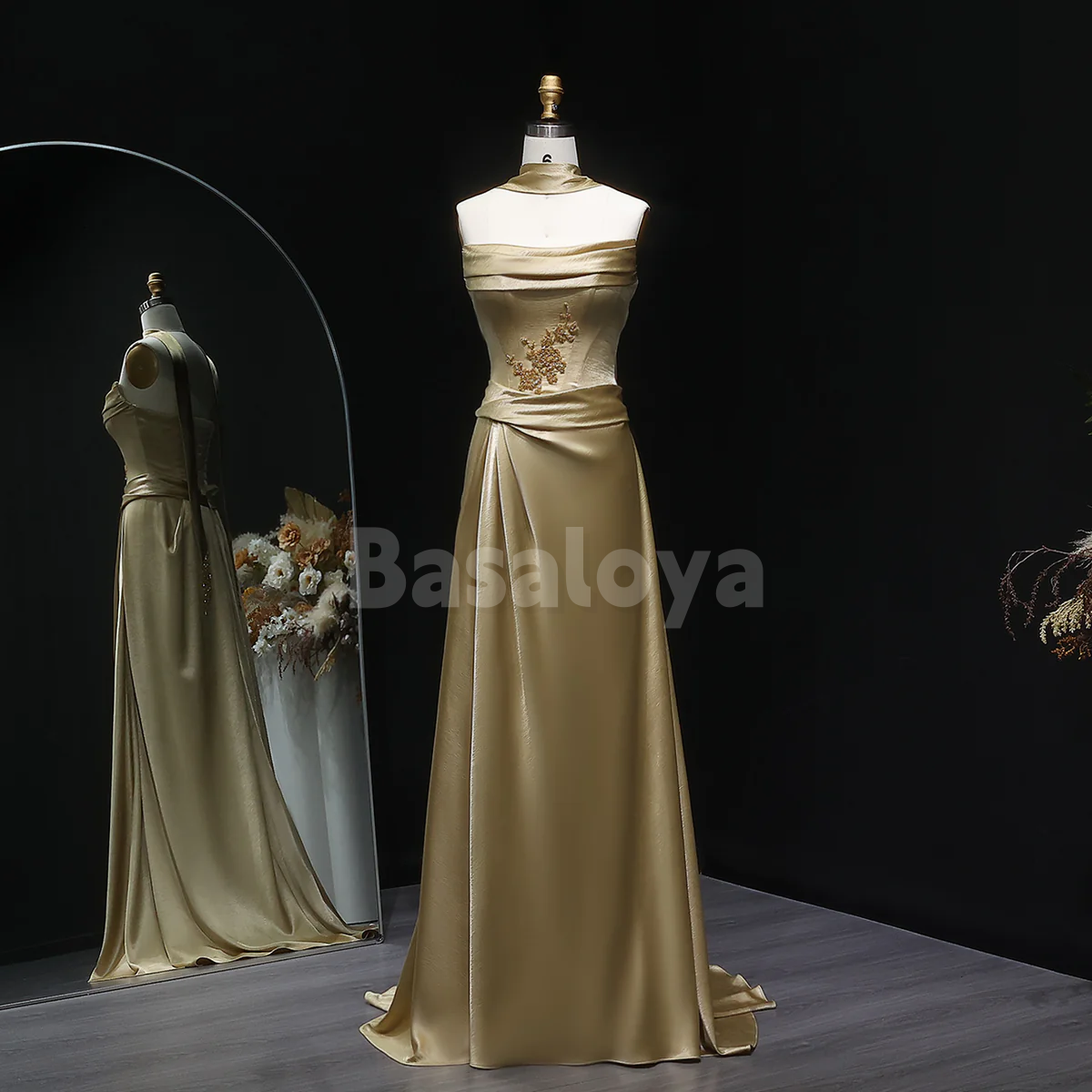 SP0288 Luxury Beaded Champagne Strapless Straight Prom Dress with Pleats