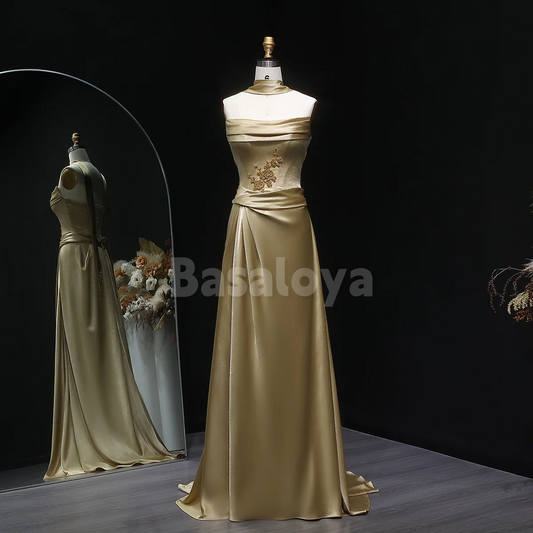 SP0288 Luxury Beaded Champagne Strapless Straight Prom Dress with Pleats