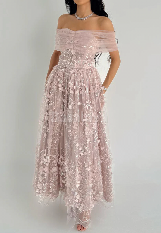 SP0087 Graceful 3D Floral Pink Off-Shoulder A-Line Sequined Lace Prom Dress