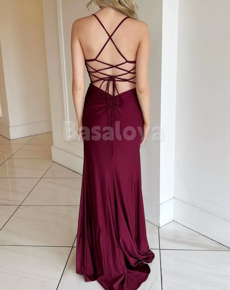 SP0187 Simple Burgundy V-Neck Bodycon Prom Dress with Slit Formal Gown