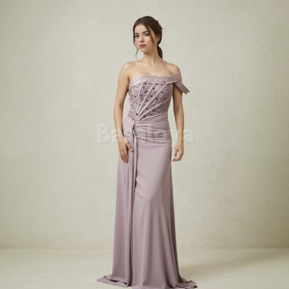 ED0033 Elegant One Shoulder Straight Pleated Evening Dress with Beaded