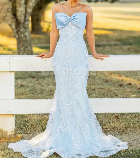 SP0177 Graceful Blue Strapless Mermaid Lace Appliques Prom Dress with Bow