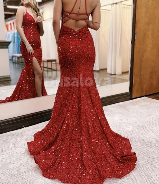 SP0151 Sparkly Burgundy V-Neck Bodycon Sequin Prom Evening Dress with Slit
