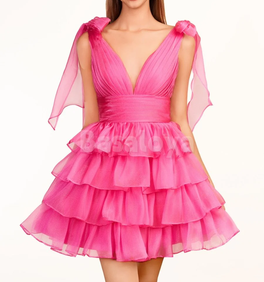 HM0135 Classic Black V-Neck A-Line Tiered Homecoming Gown with Bows