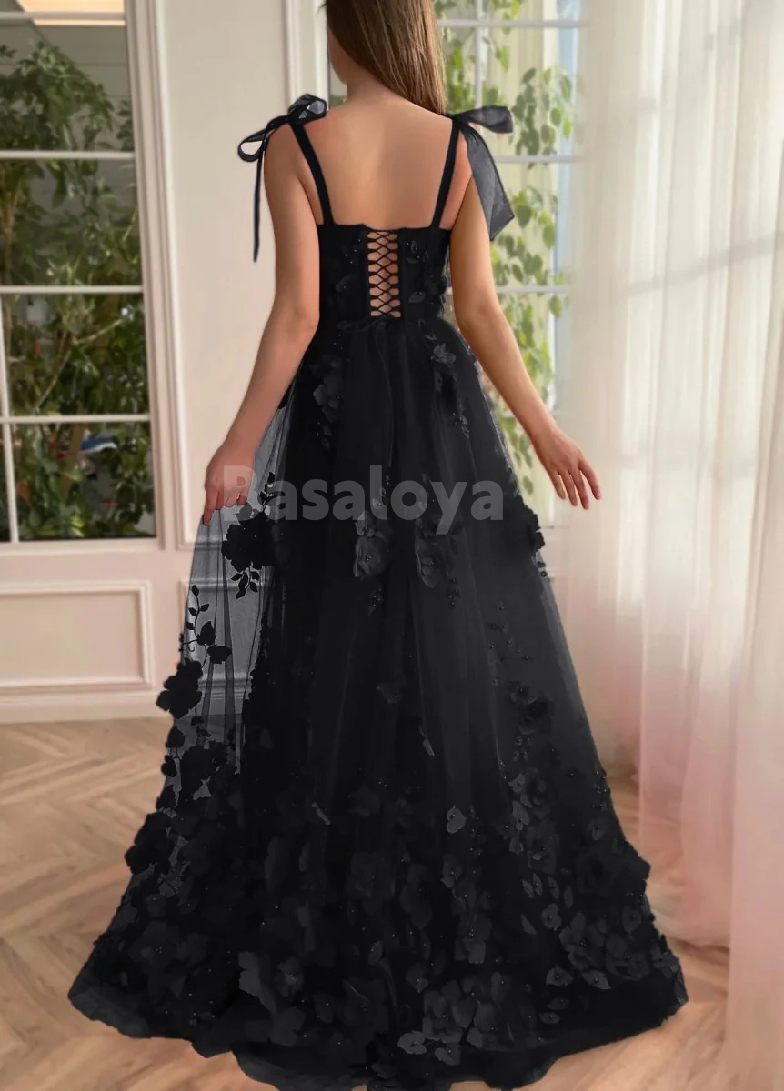 SP0155 Elegant 3D Floral Red A-Line Side Slit Prom Dress Party Gown with Bows