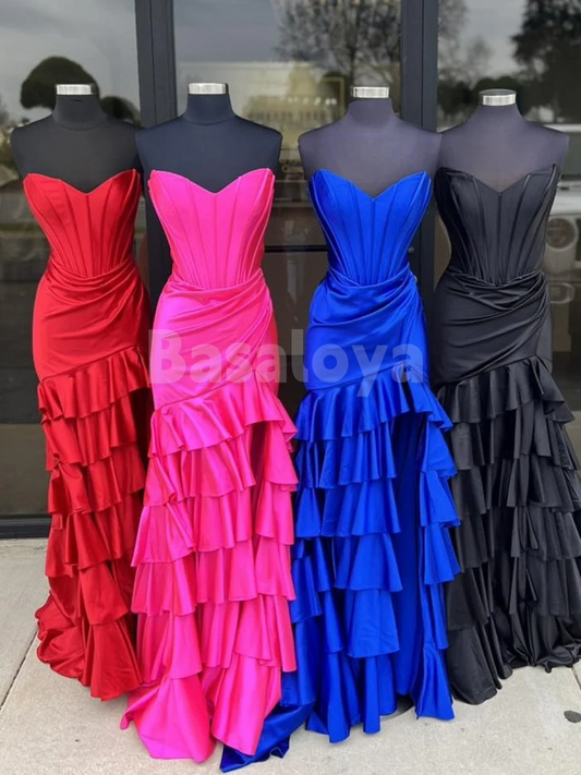 SP0163 Classic Fuchsia Sweetheart Mermaid Tiered Prom Dress with Slit