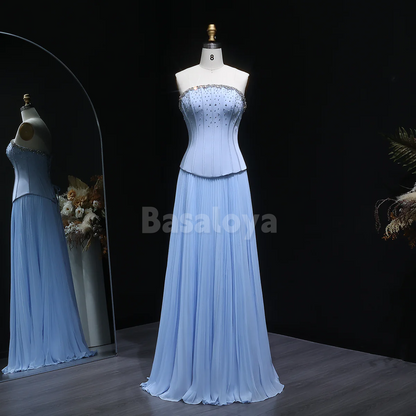 SP0289 Graceful Blue Strapless A-Line Pleats Evening Prom Dress with Beaded