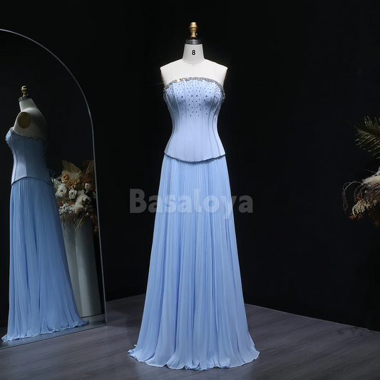 SP0289 Graceful Blue Strapless A-Line Pleats Evening Prom Dress with Beaded