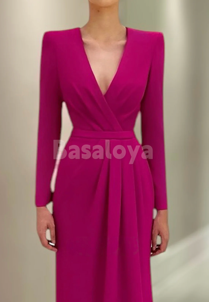 ED0064 Elegant Fuchsia Long Sleeves V-Neck Pleated Long Evening Dress