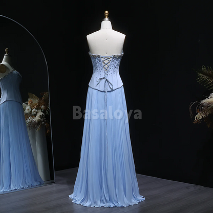 SP0289 Graceful Blue Strapless A-Line Pleats Evening Prom Dress with Beaded