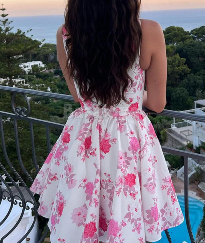 HM0030 Graceful Pink Printed A Line Square Neck Short Homecoming Dress