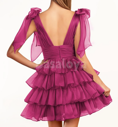 HM0135 Classic Black V-Neck A-Line Tiered Homecoming Gown with Bows
