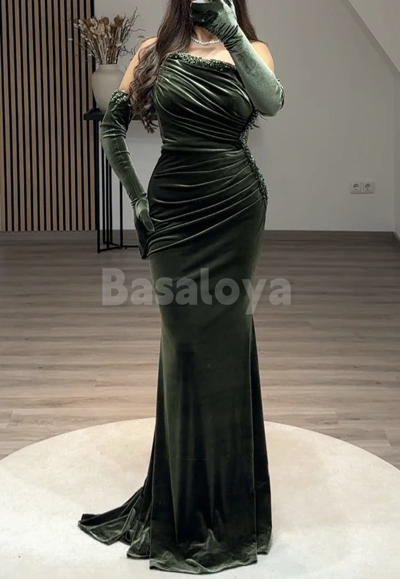 ED0067 Elegant Beaded Navy Strapless Mermaid Evening Dress with Gloves