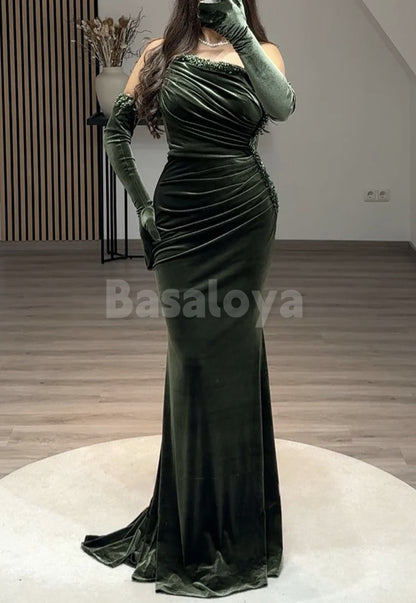 ED0067 Elegant Beaded Navy Strapless Mermaid Evening Dress with Gloves