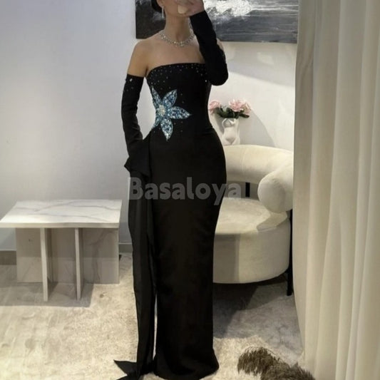 SP0005 Sparkly Crystal Black Tube Top Long Sleeve Sheath Satin Prom Dress with Train