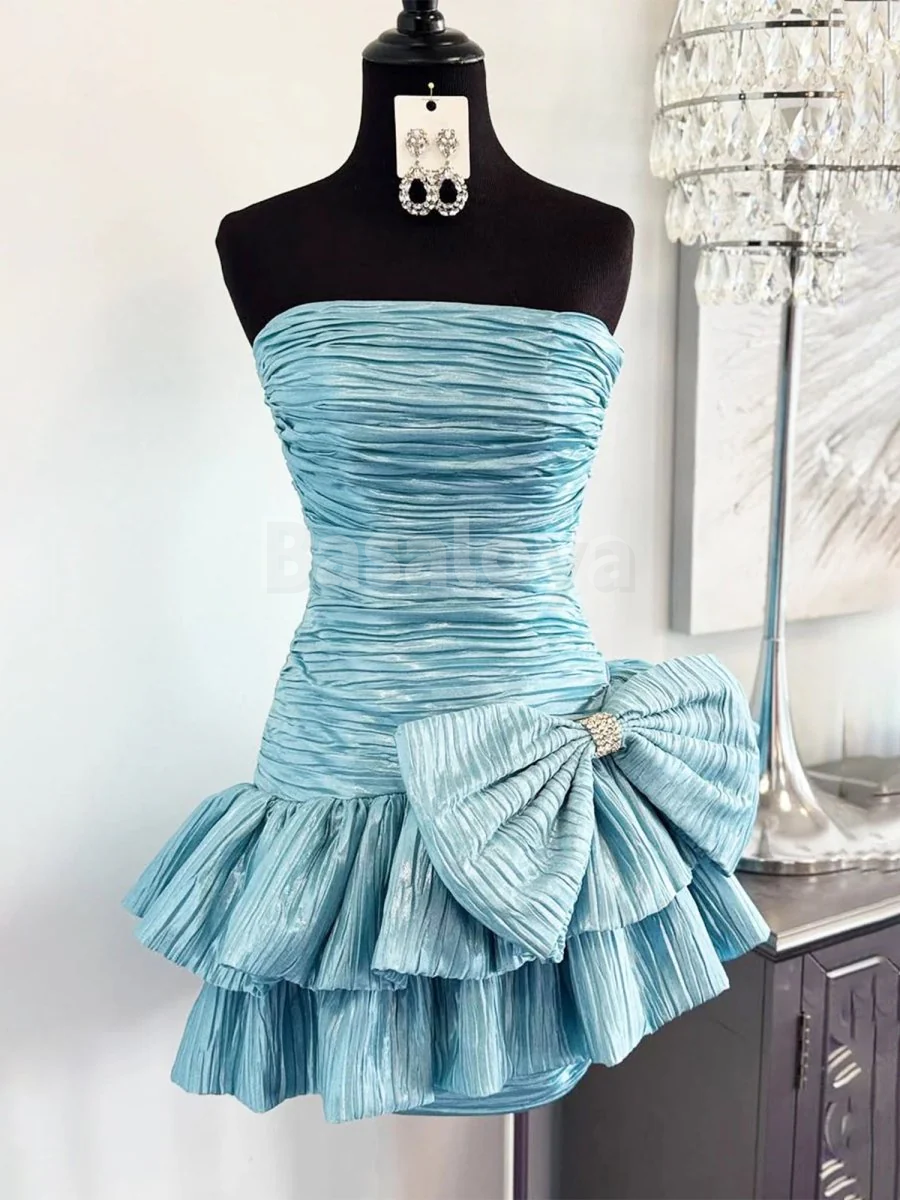 HM0043 Gorgeous Blue Strapless Bodycon Tiered Homecoming Gown with Bow