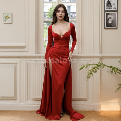 SP0015 Chic Red Long Sleeves Sweetheart Sheath Satin Prom Dress Formal Gown with Slit