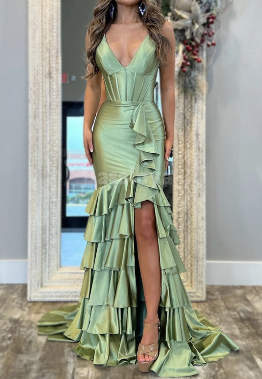 SP0097 Classic Sage Green V-Neck Mermaid Prom Dress with Ruffles Slit