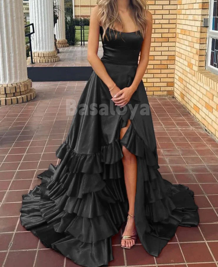 SP0148 Elegant Red Strapless A-Line Tiered Prom Dress with Slit
