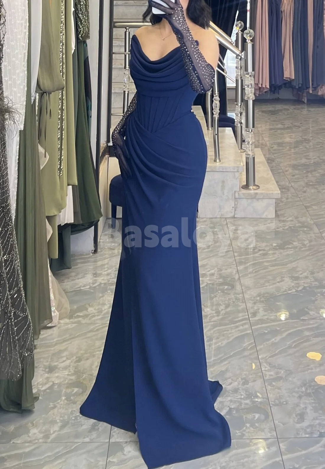 ED0069 Gorgeous Beaded Blue Tube Top Sheath Evening Gown with Gloves