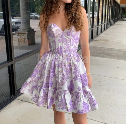 HM0033 Elegant Blue Printed Sweetheart A-Line Short Homecoming Gown