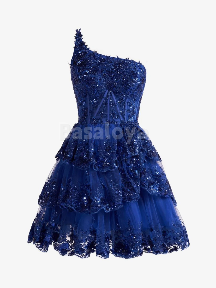HM0067 Sparkly White One Shoulder A-Line Tiered Party Gown with Applique