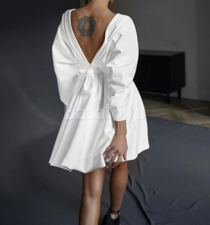 WD0183 Classic White V-Neck Cape Sleeve A-Line Short Wedding Dress