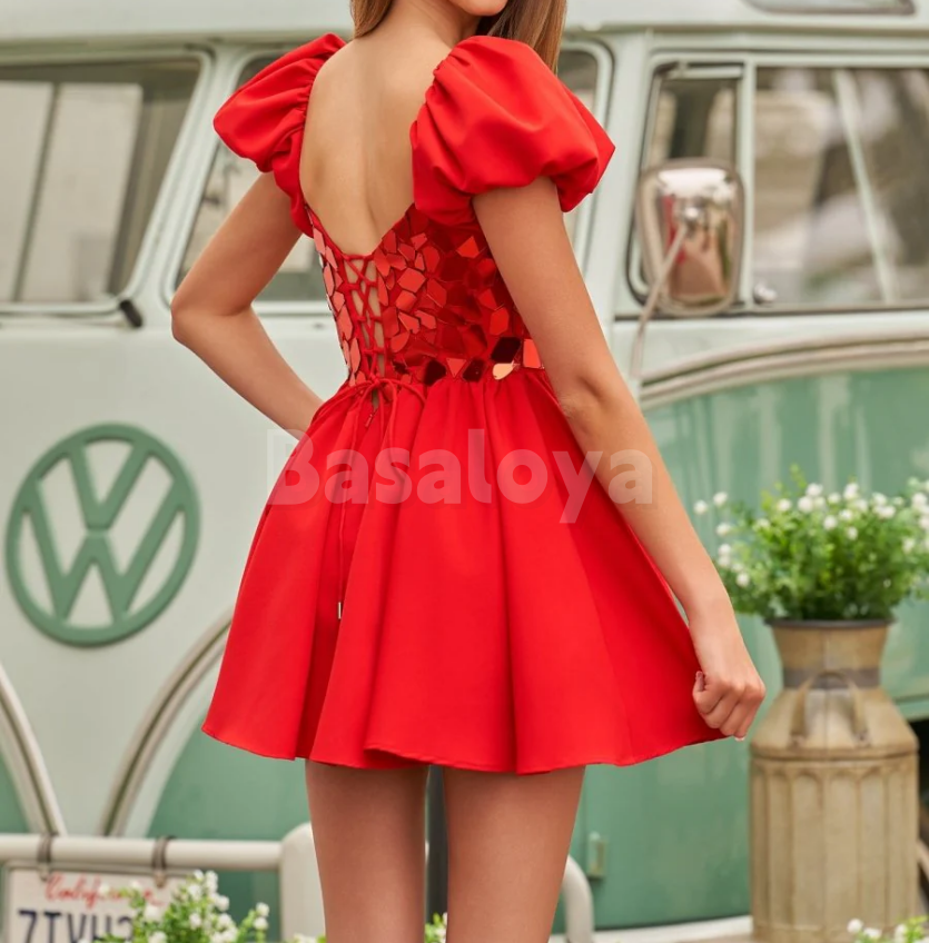 HM0102 Classic Red Puff Sleeves A-Line Beaded Mini Homecoming Dress