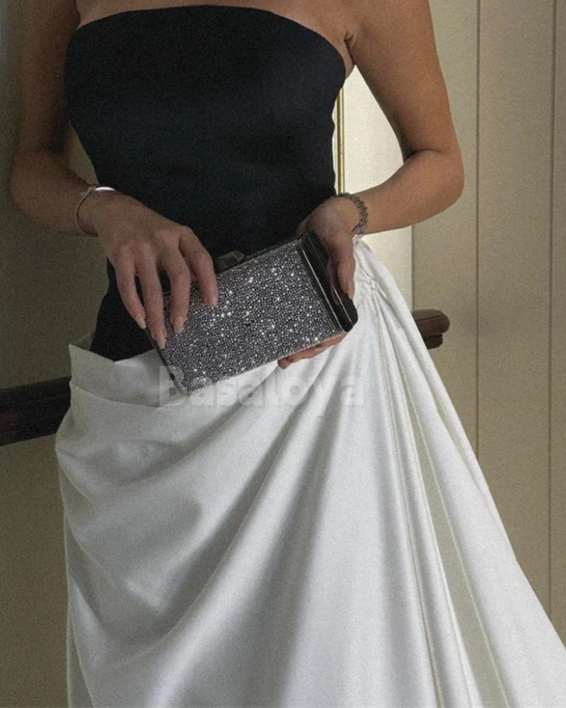 SP0284 Simple White&Black Strapless Straight Draped Prom Dress with Train