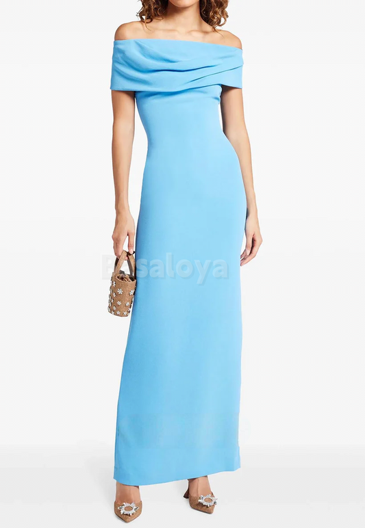 SP0082 Simple Blue Off-Shoulder Straight Long Prom Dress Formal Gown