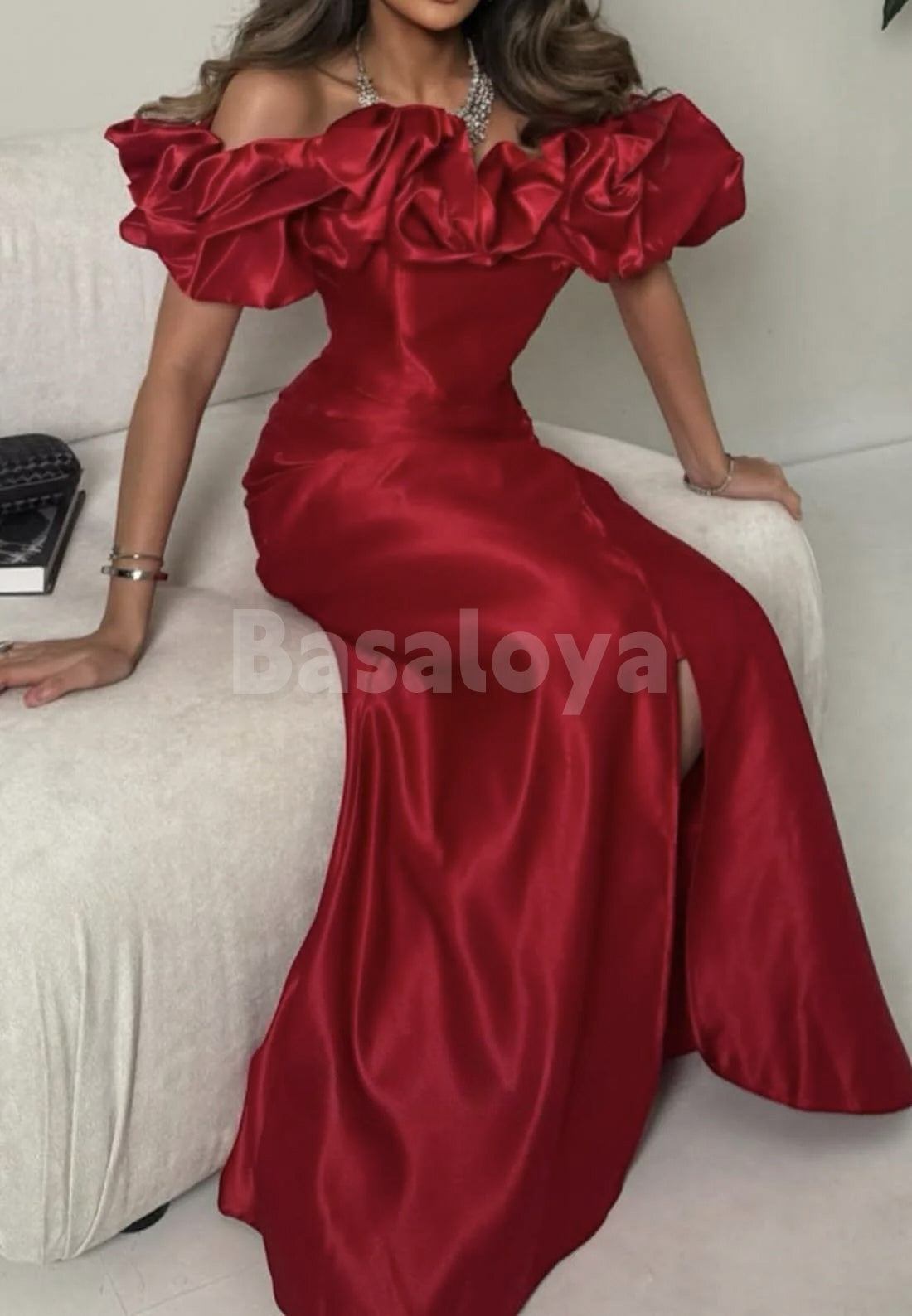 ED0076 Graceful Red Off-Shoulder Mermaid Satin Evening Dress Party Gown