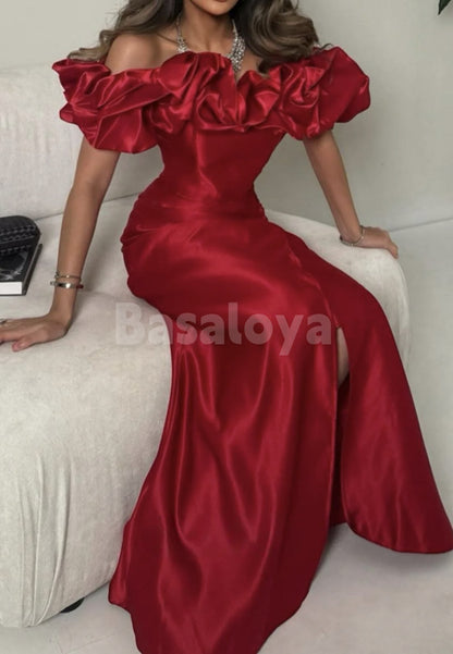 ED0076 Graceful Red Off-Shoulder Mermaid Satin Evening Dress Party Gown