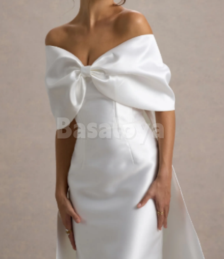WD0174 Chic White Strapless Bodycon Satin Wedding Dress with Bow Overskirt