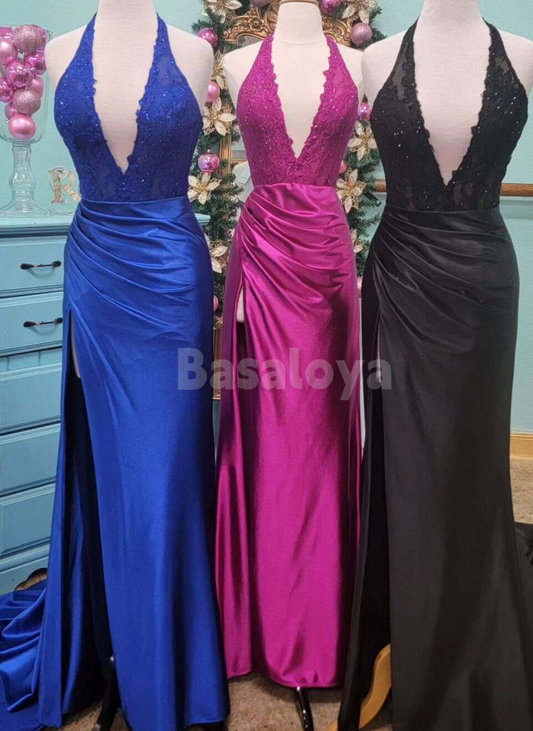SP0201 Elegant Royal Blue V-Neck Bodycon Satin Evening Prom Dress with Slit