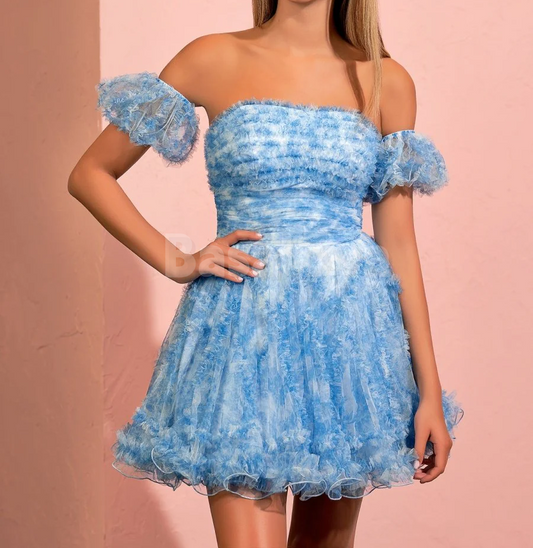 HM0110 Graceful Blue Printed Strapless A-Line Pleats Homecoming Dress