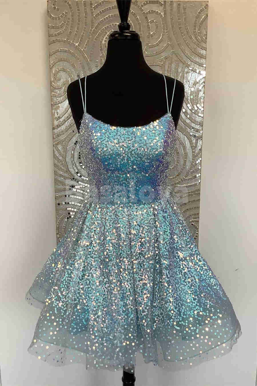 HM0141 Stunning Blue Spaghetti Straps A-Line Sequined Homecoming Gown