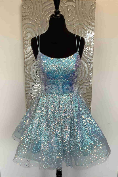HM0141 Stunning Blue Spaghetti Straps A-Line Sequined Homecoming Gown