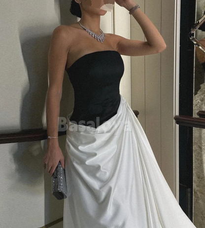SP0284 Simple White&Black Strapless Straight Draped Prom Dress with Train