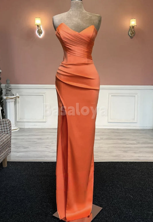 SP0108 Simple Orange Sweetheart Sheath Pleats Long Prom Dress with Slit