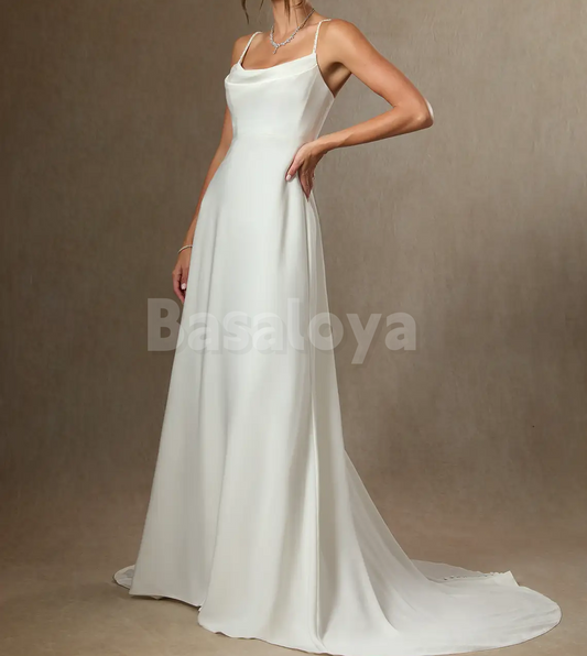 WD0096 Simple White Spaghetti Straps Straight Satin Wedding Dress with Train