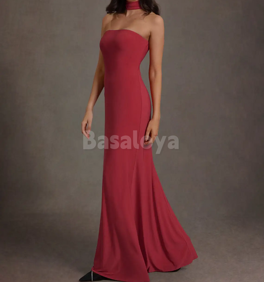 SP0278 Graceful Red Strapless Sheath Long Prom Party Dress with Scarf