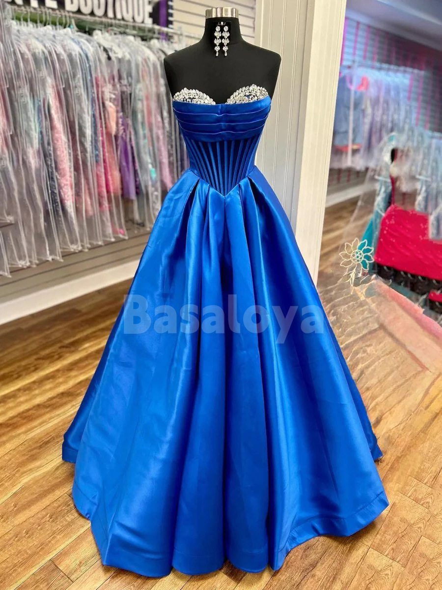 SP0221 Elegant Royal Blue A-Line Sweetheart Satin Prom Dress with Beads
