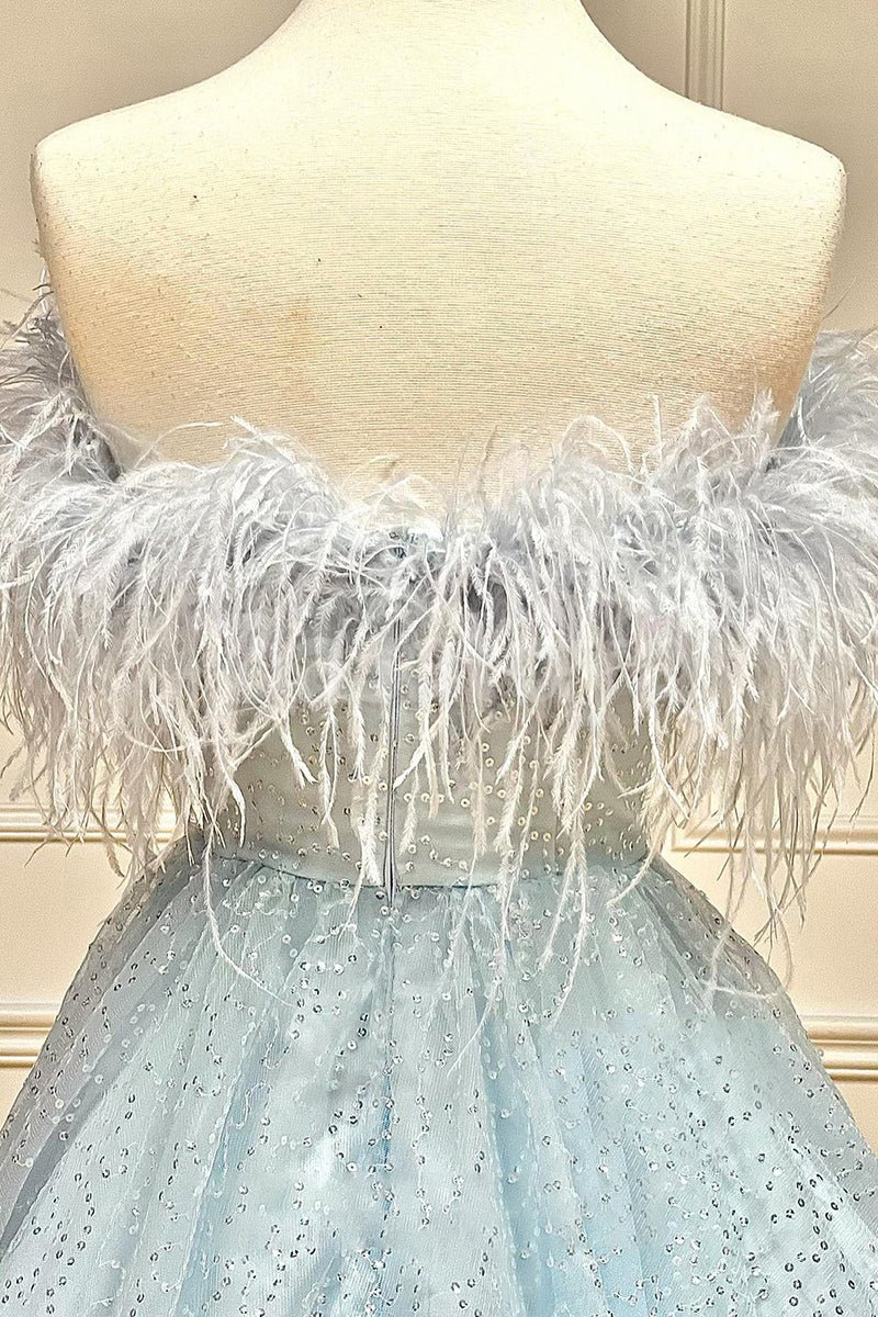 HM0148 Luxury Feathers Blue A-Line Strapless Sequined Homecoming Gown