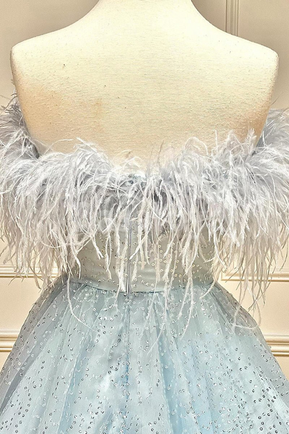 HM0148 Luxury Feathers Blue A-Line Strapless Sequined Homecoming Gown