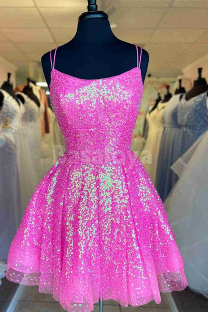 HM0141 Stunning Blue Spaghetti Straps A-Line Sequined Homecoming Gown