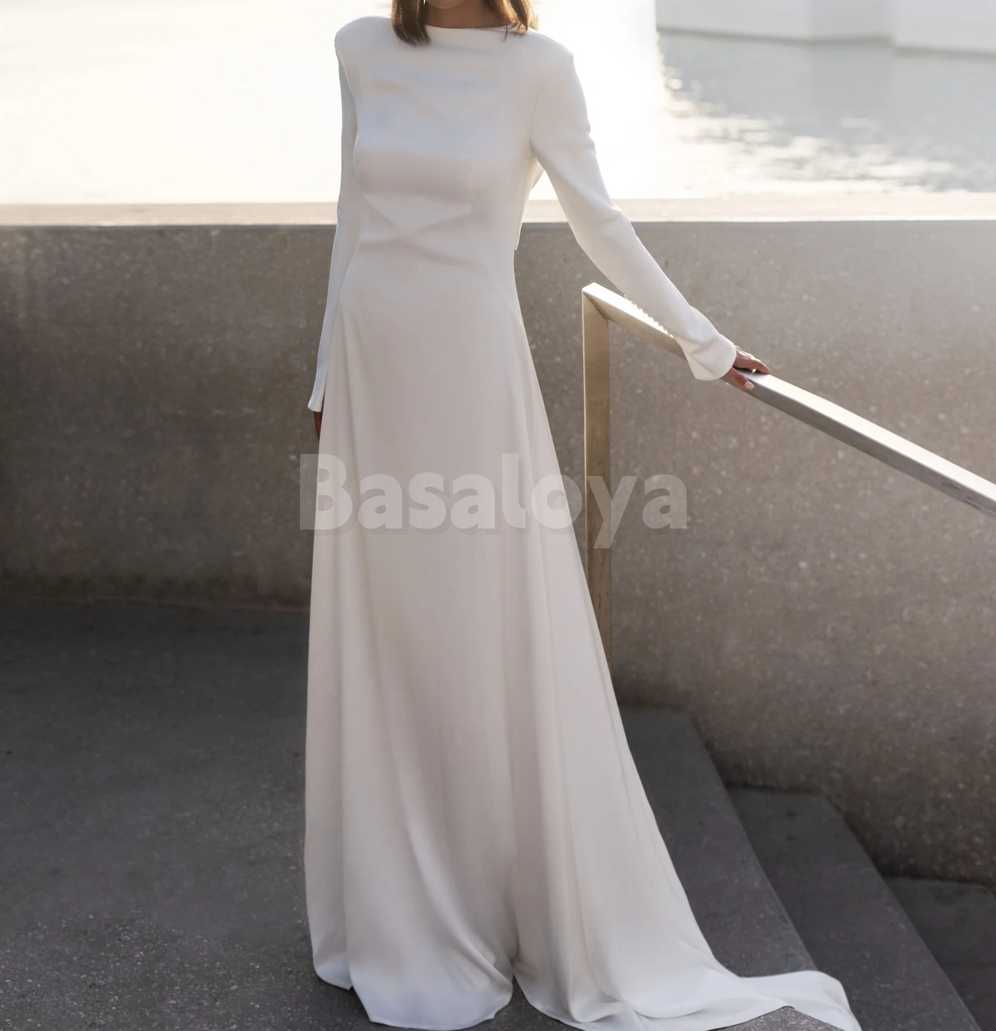 WD0161 Elegant White Long Sleeves A-Line Satin Wedding Dress with Train