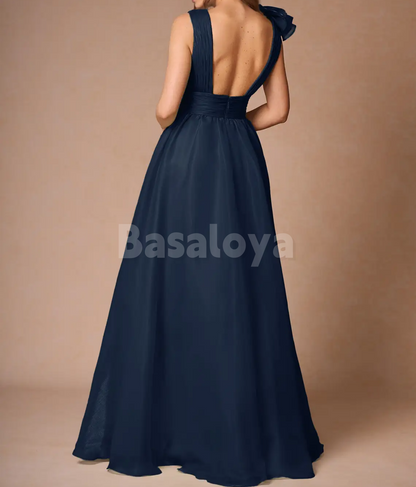 SP0255 Graceful Navy V-Neck A-Line Long Evening Prom Dress with Pleats