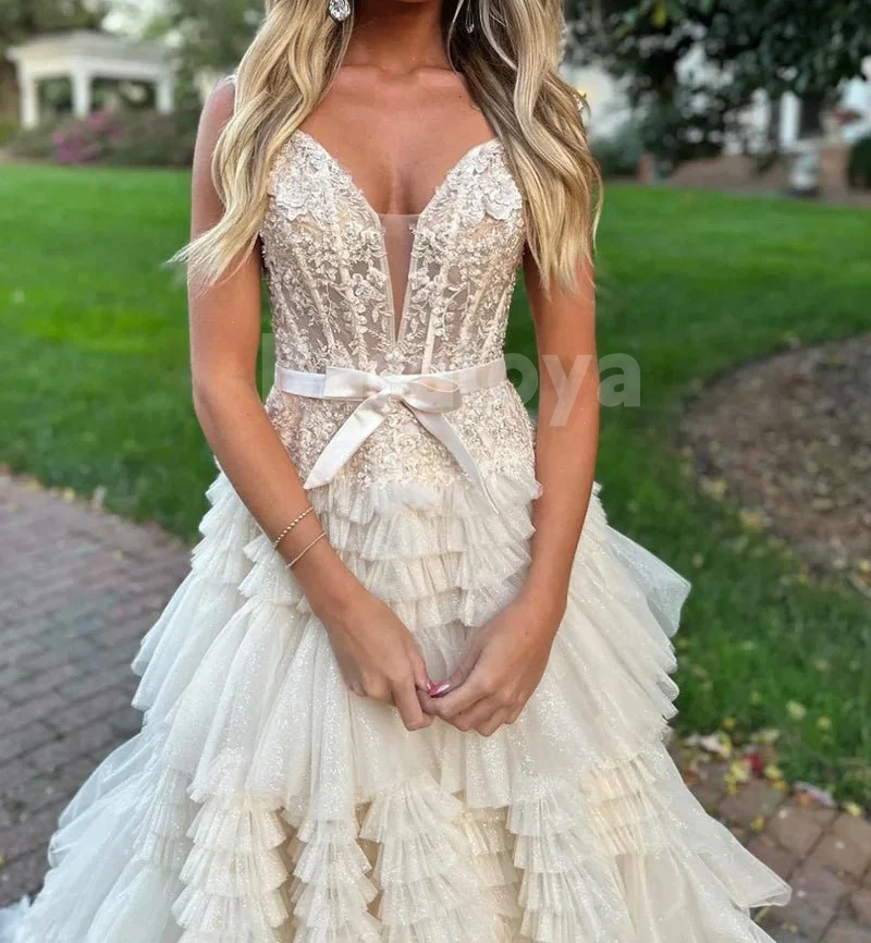 SP0149 Elegant Appliques Pink Off-Shoulder A-Line Tiered Prom Dress with Bow