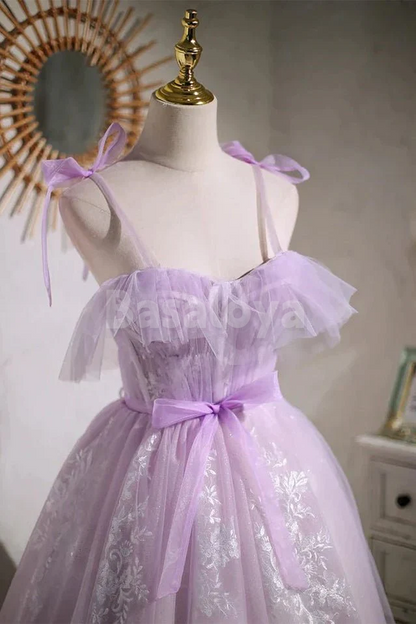 HM0144 Elegant Lilac Sweetheart A-Line Applique Homecoming Gown with Bows